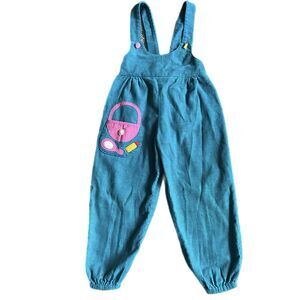 Vintage 80s Ruth Scharf Corduroy Jumpsuit Girls 4T Turquoise Appliques Made USA